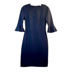 Banana Republic Sheath Tulip Sleeve Dress 4 Navy Blue Knit Ruffle Stretch Read